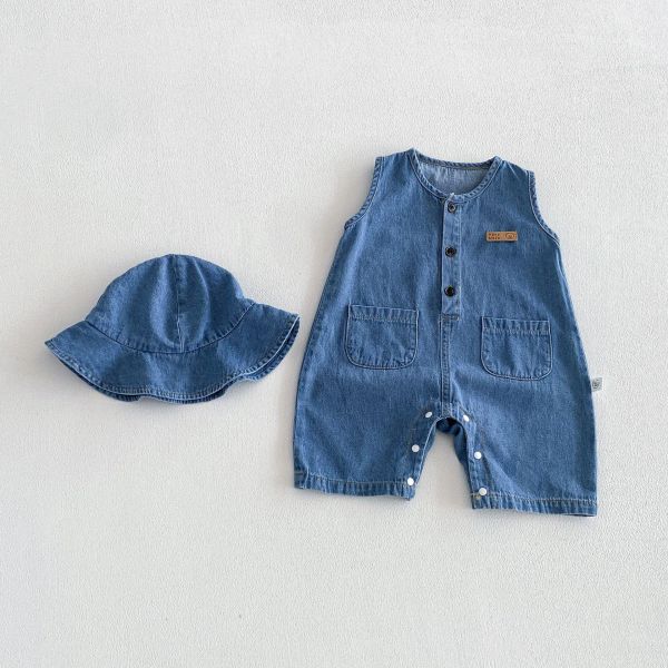 藍色牛仔系雙口袋連身衣｜附帽 