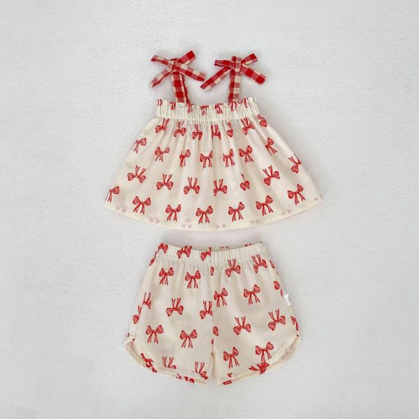 滿印蝴蝶結飄感吊帶套裝 