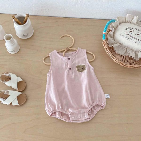 素色胸前呆呆熊無袖包屁 