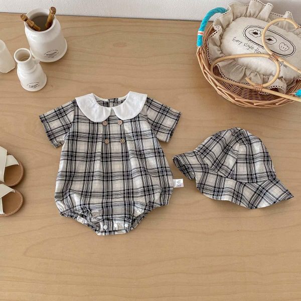 復古格子短袖薄款包屁｜附帽 