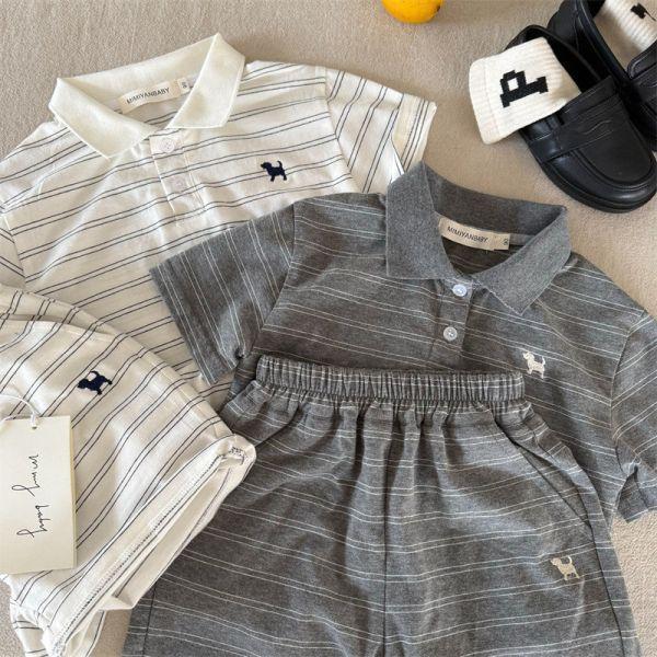 胸前狗狗日系條紋套裝 