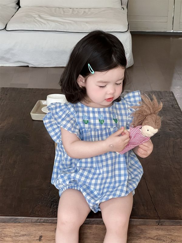 夏感藍格紋飛袖包屁 