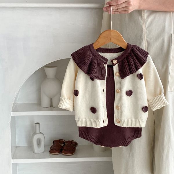 栗可可愛心翻領針織包屁套裝 