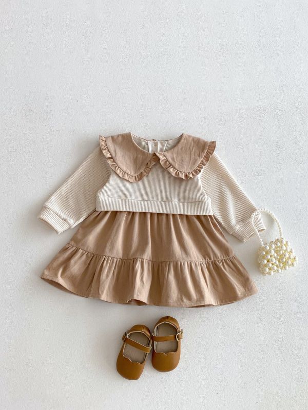 華夫格焦糖領裙子套裝 