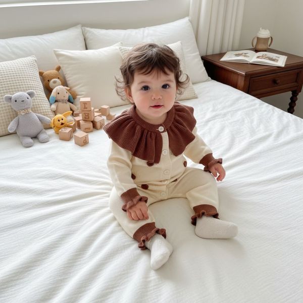 奶油荷葉邊針織連身衣套組 