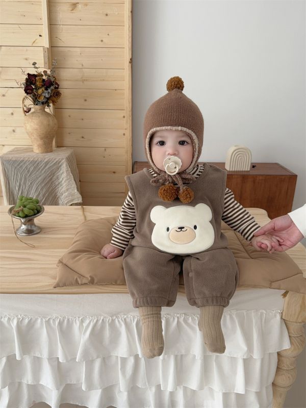 條紋袖動物絨絨連身衣 