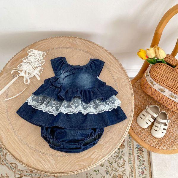 蝴蝶結蕾絲拼接無袖套裝 