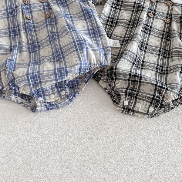 復古格子短袖薄款包屁｜附帽 