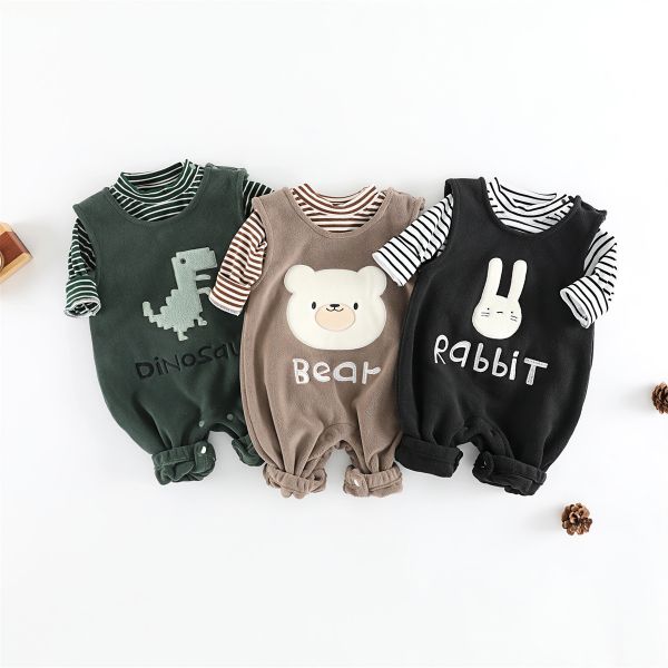 條紋袖動物絨絨連身衣 