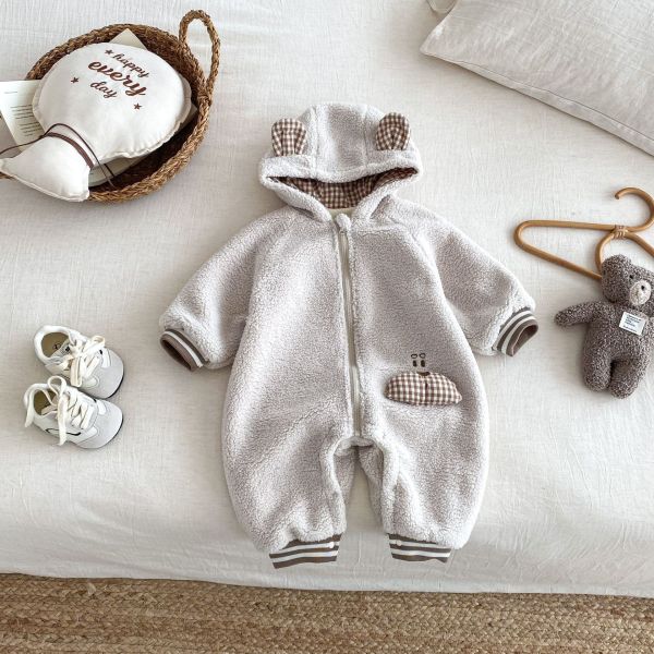 格紋熊耳絨毛連身衣 