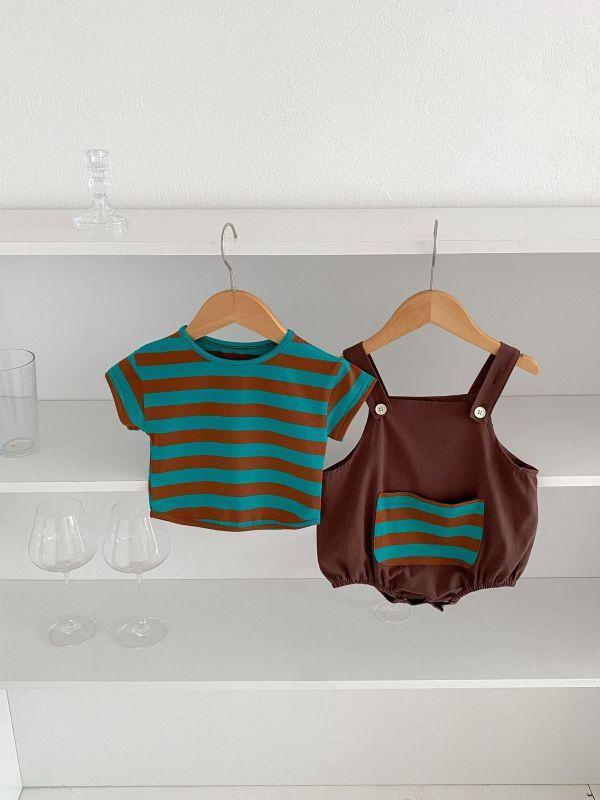 橫條紋口袋吊帶套裝 