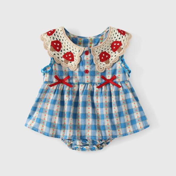 藍格紋草莓領可愛包屁 