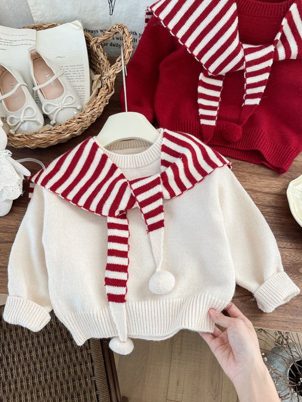 紅白糖果翻領披肩針織衣 