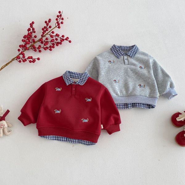 小狗刺繡假兩件格紋領上衣 