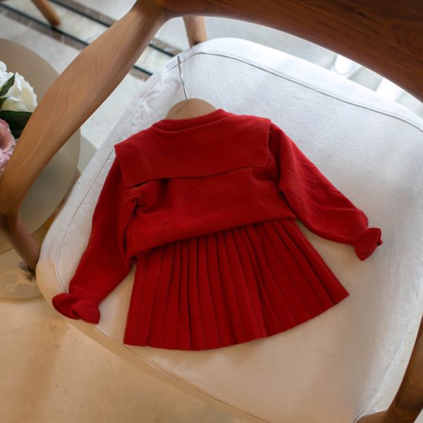 小小姐蝴蝶領針織百褶套裝 