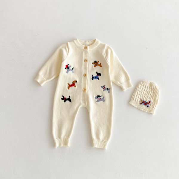 萌狗狗刺繡連身衣｜附帽 