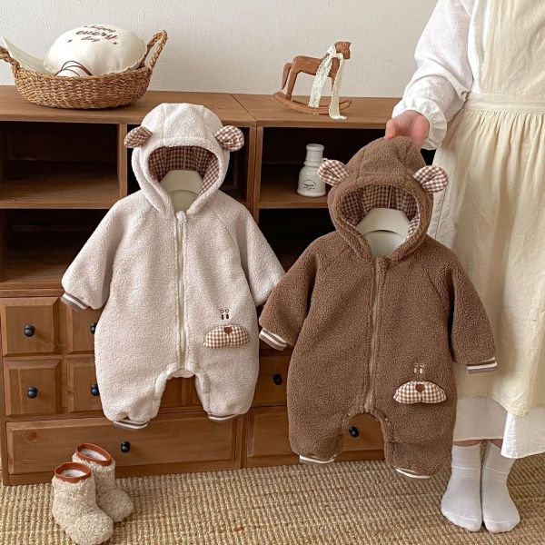 格紋熊耳絨毛連身衣 