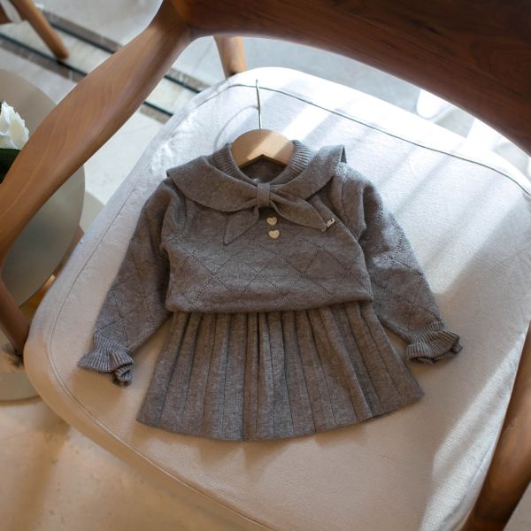 小小姐蝴蝶領針織百褶套裝 