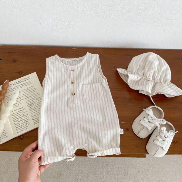 日系直條紋背心爬服｜附帽 