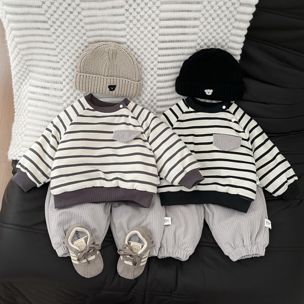 冷色系條紋口袋加絨上衣 