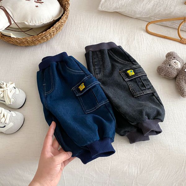 保暖款小口袋牛仔工裝褲 