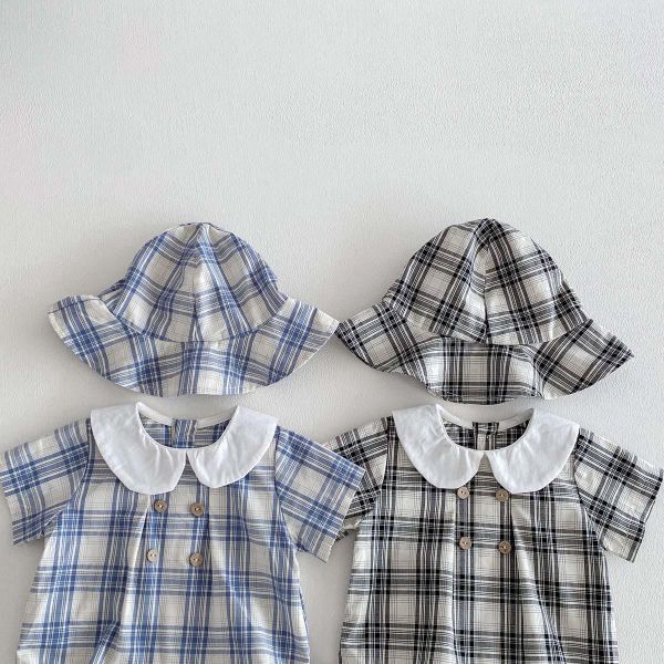 復古格子短袖薄款包屁｜附帽 