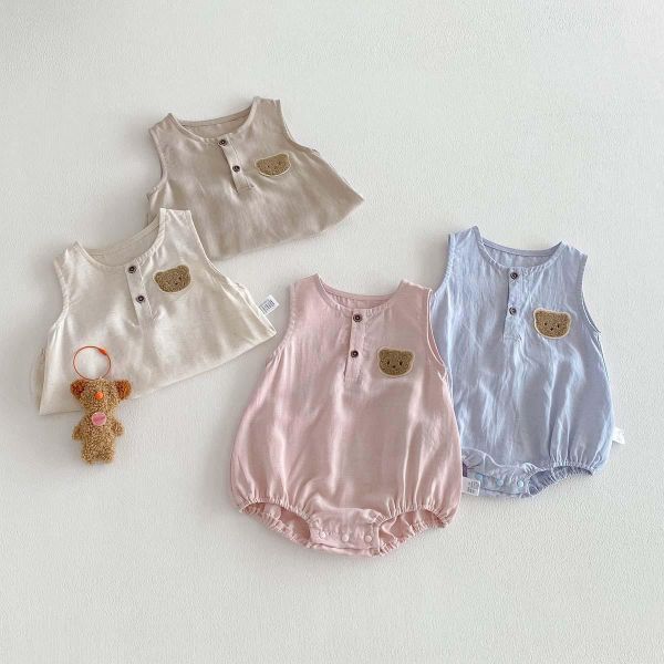 素色胸前呆呆熊無袖包屁 