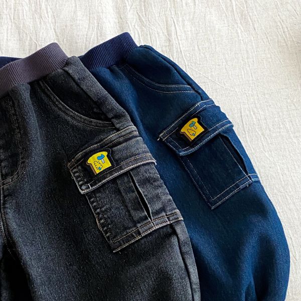 保暖款小口袋牛仔工裝褲 