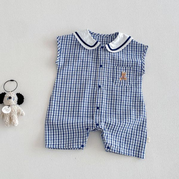 清新藍格子無袖連身衣 