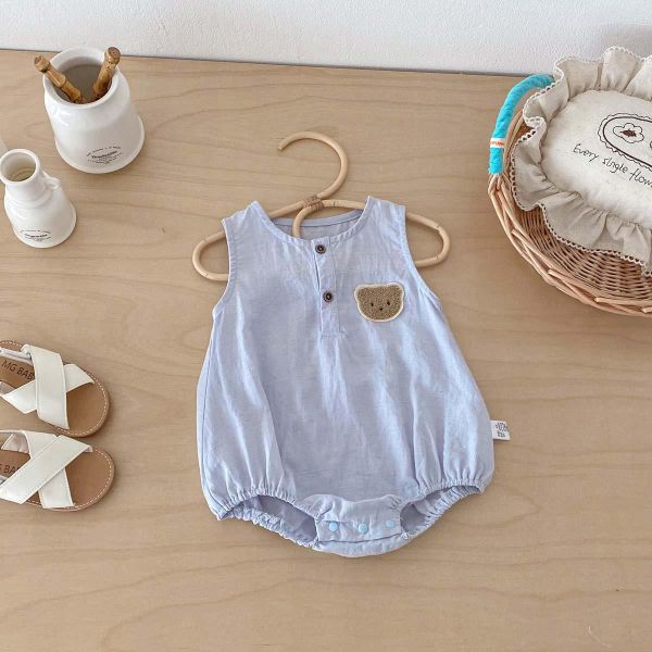 素色胸前呆呆熊無袖包屁 