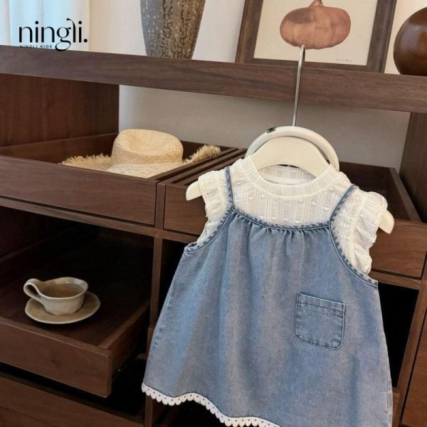 甜甜飛飛袖刺繡愛心牛仔裙 