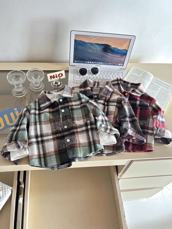 韓系復古刷毛格紋襯衫 