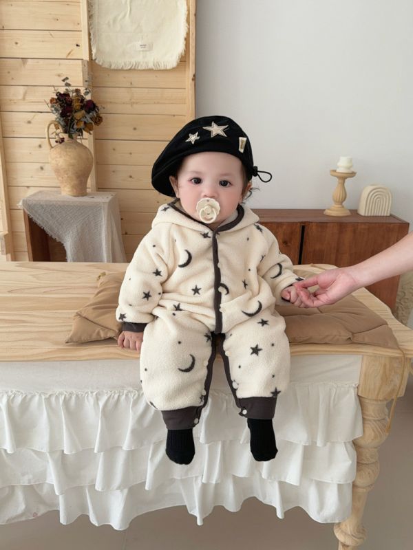 月光星星絨毛排扣連身衣 