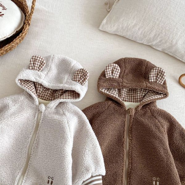 格紋熊耳絨毛連身衣 