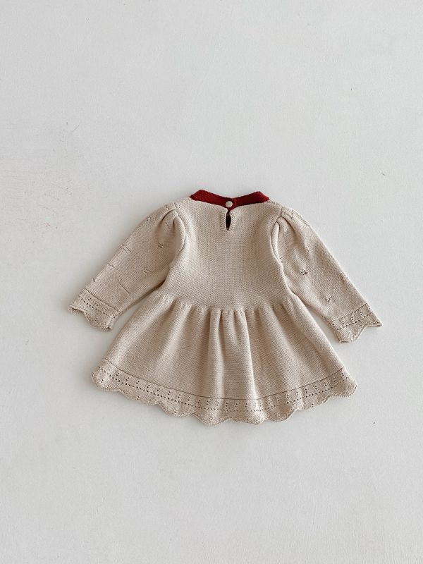 紅色領花邊下擺連衣裙 