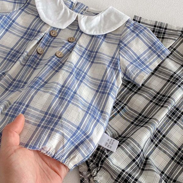 復古格子短袖薄款包屁｜附帽 