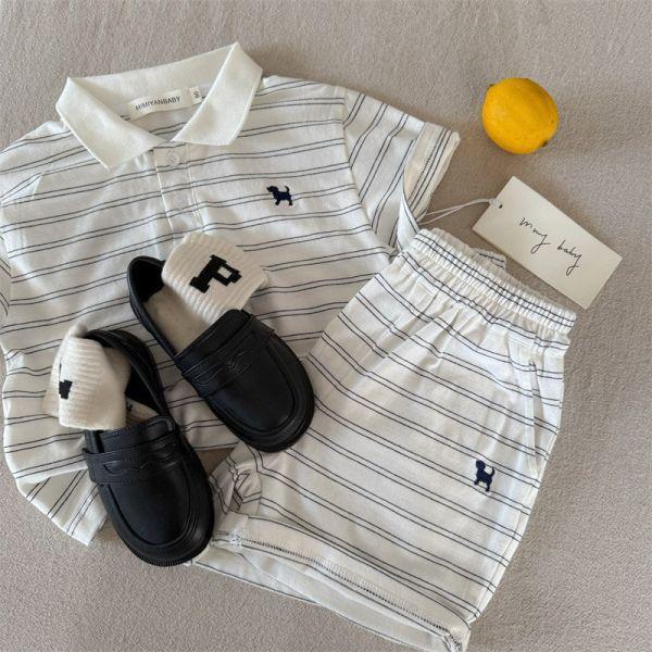 胸前狗狗日系條紋套裝 