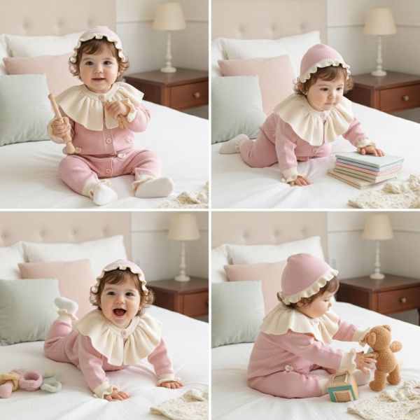 奶油荷葉邊針織連身衣套組 