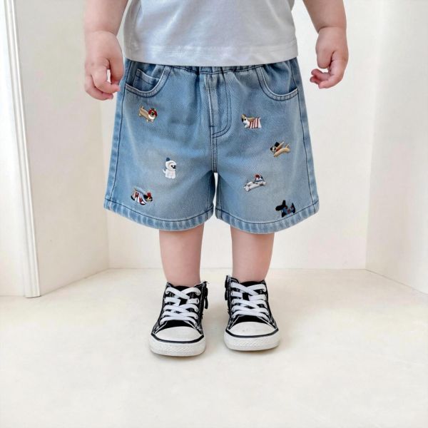 狗狗大集合刺繡牛仔短褲 