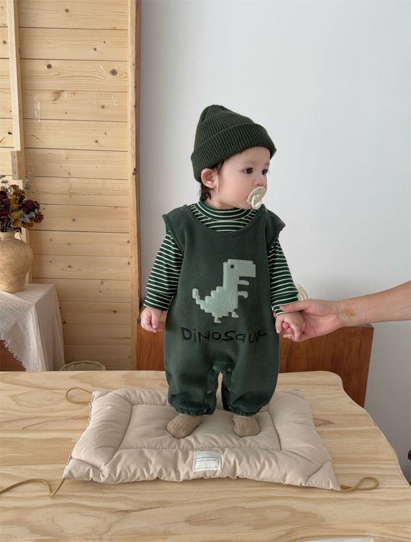 條紋袖動物絨絨連身衣 