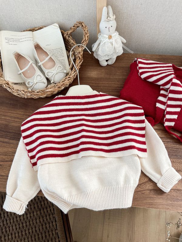 紅白糖果翻領披肩針織衣 