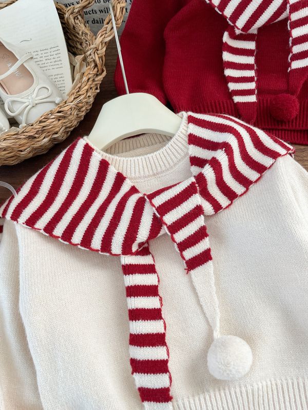 紅白糖果翻領披肩針織衣 