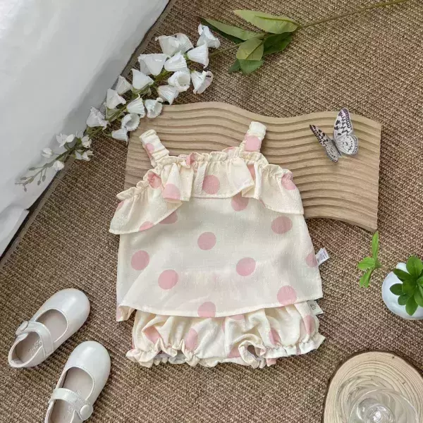 可愛點點花邊吊帶套裝 