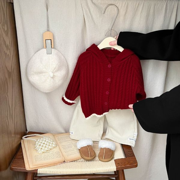 莓紅小熊針織開衫 