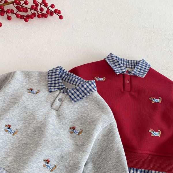 小狗刺繡假兩件格紋領上衣 