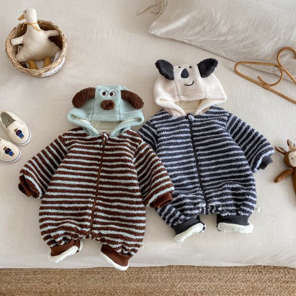 動物臉毛絨條紋連身衣 