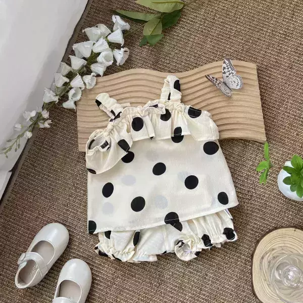 可愛點點花邊吊帶套裝 