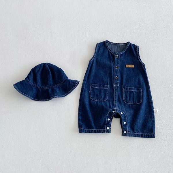 藍色牛仔系雙口袋連身衣｜附帽 