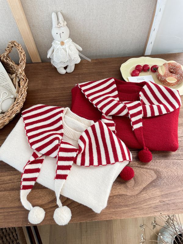 紅白糖果翻領披肩針織衣 