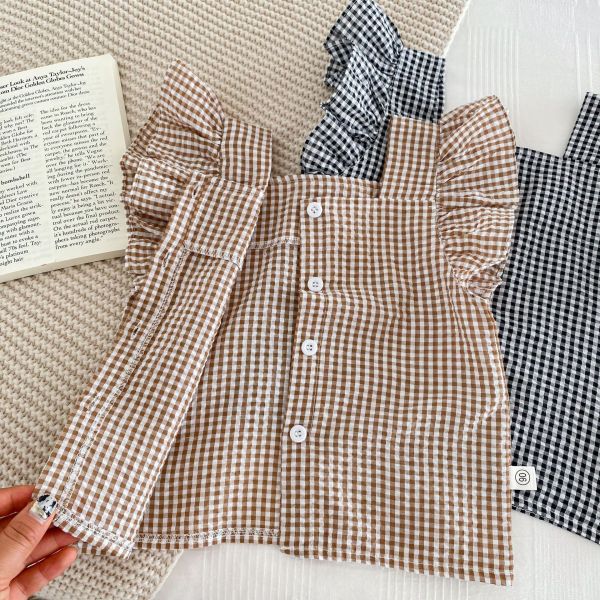 小格紋飛飛袖女寶套裝 